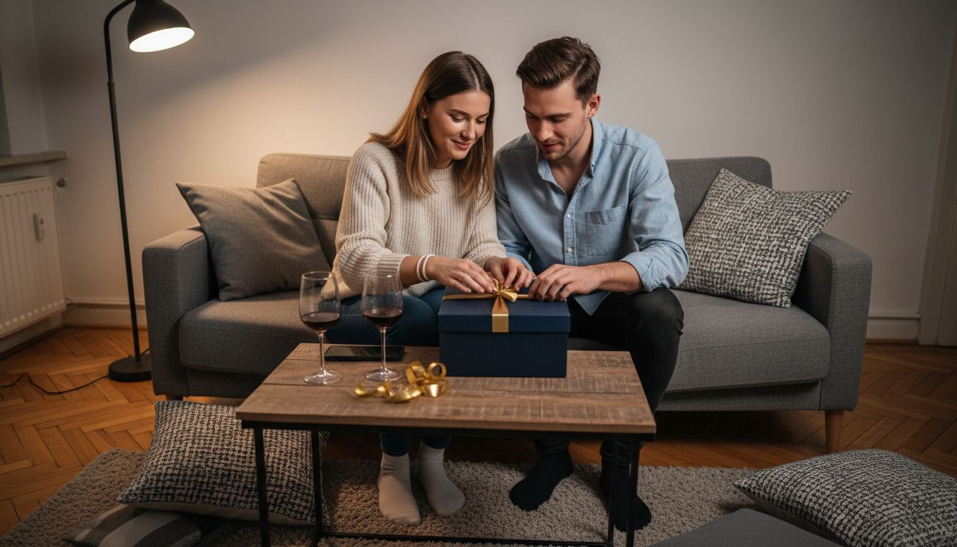 Ein Paar packt gemeinsam ein luxuriöses Geschenkset im Wohnzimmer aus.