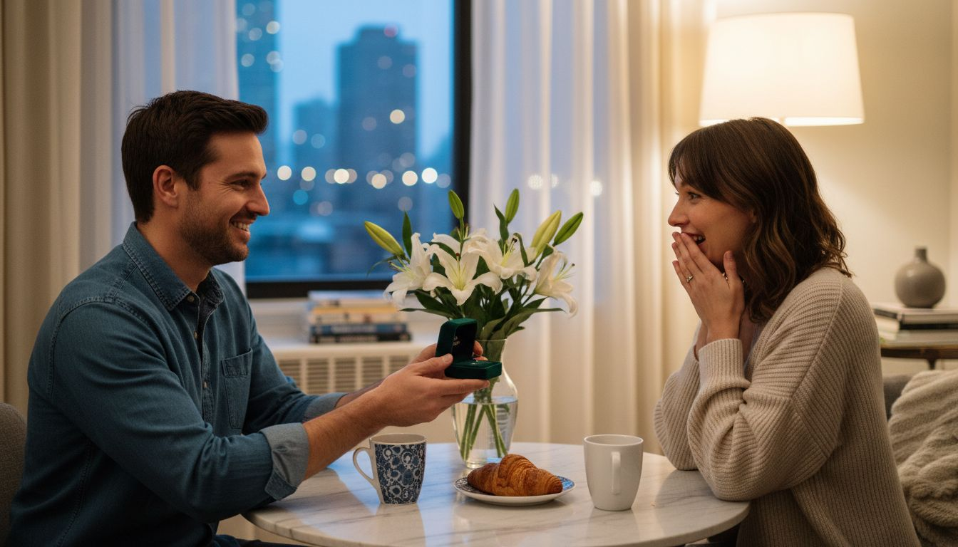 Couple exchanging elegant gift in cozy living room