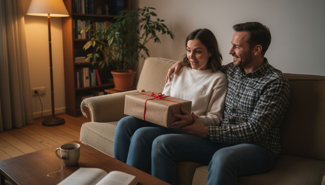 Im Wohnzimmer überreicht das Paar ein Geschenk und freut sich gemeinsam über den besonderen Moment.