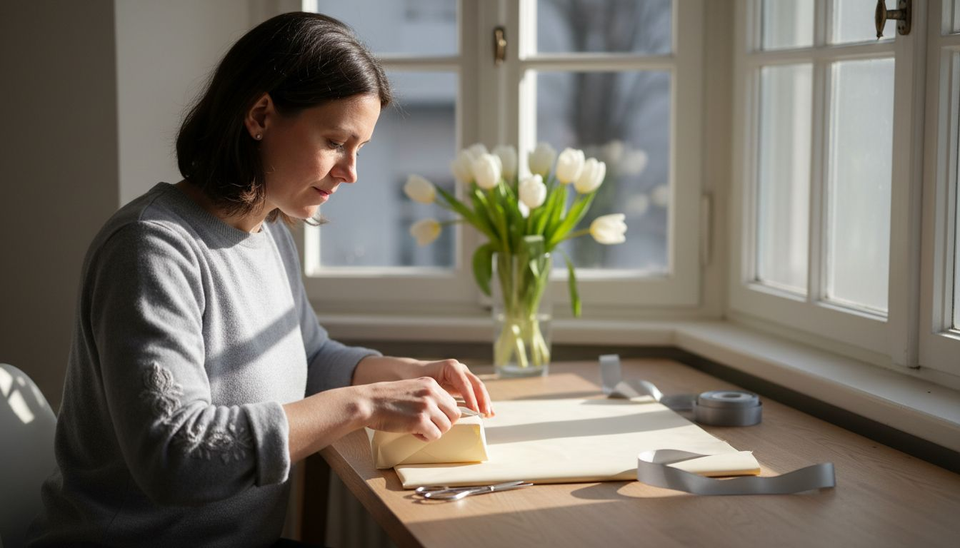 Am Fenster sitzt eine Frau und verpackt mit viel Liebe und Stil ein Geschenk.