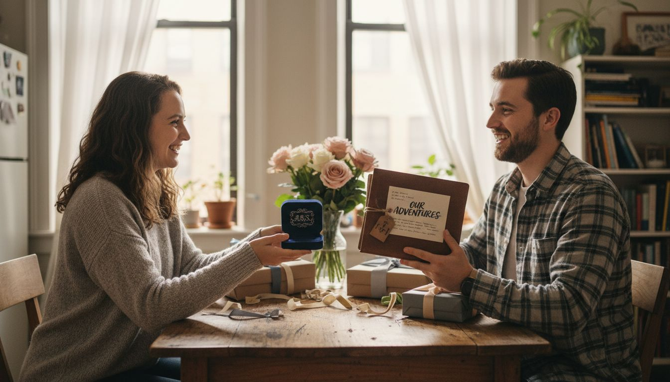 Couple exchanging personalized romantic gifts at cozy table
