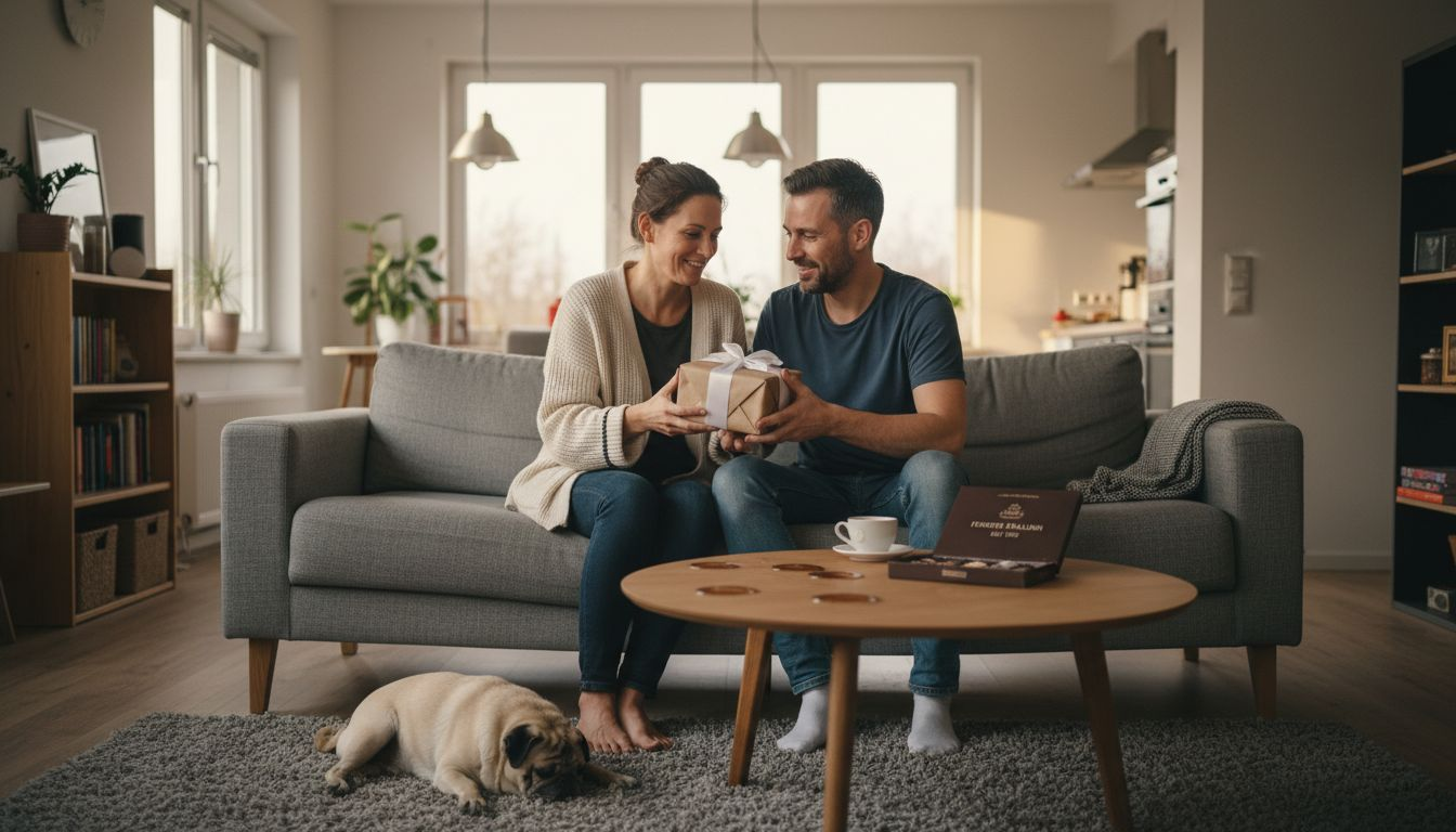 Ein Paar sitzt gemütlich auf dem Sofa und überreicht sich gegenseitig Geschenke.