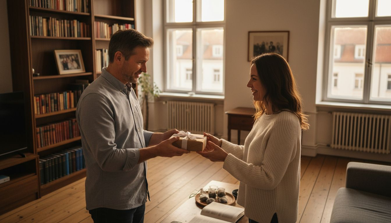 Im Wohnzimmer überreicht ein Mann seiner Partnerin ein liebevoll verpacktes Geschenk.