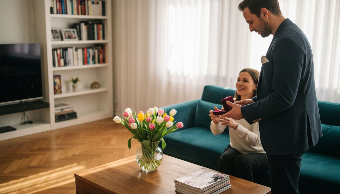 Ein Mann überreicht eine Schmuckschatulle in einem sonnendurchfluteten Wohnzimmer.