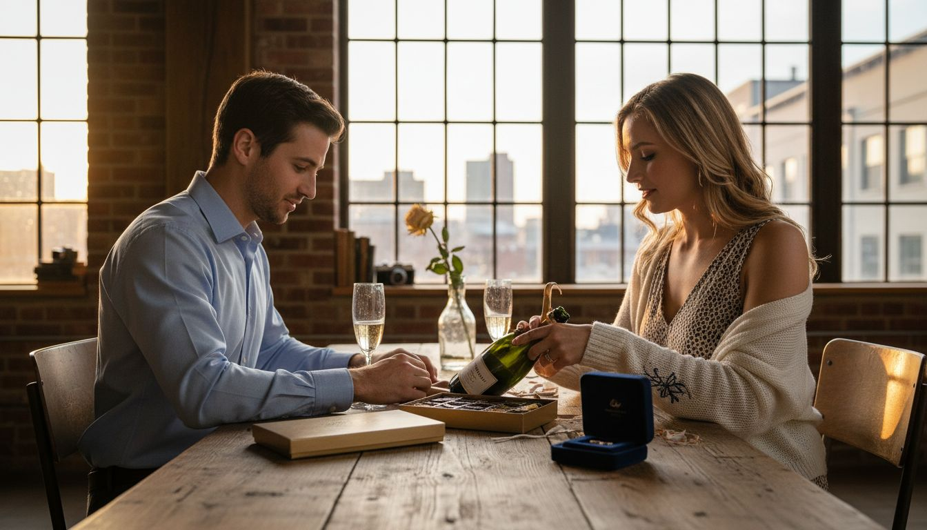 Ein Paar sitzt gemütlich zu Hause und packt gemeinsam ein edles Geschenkset aus.