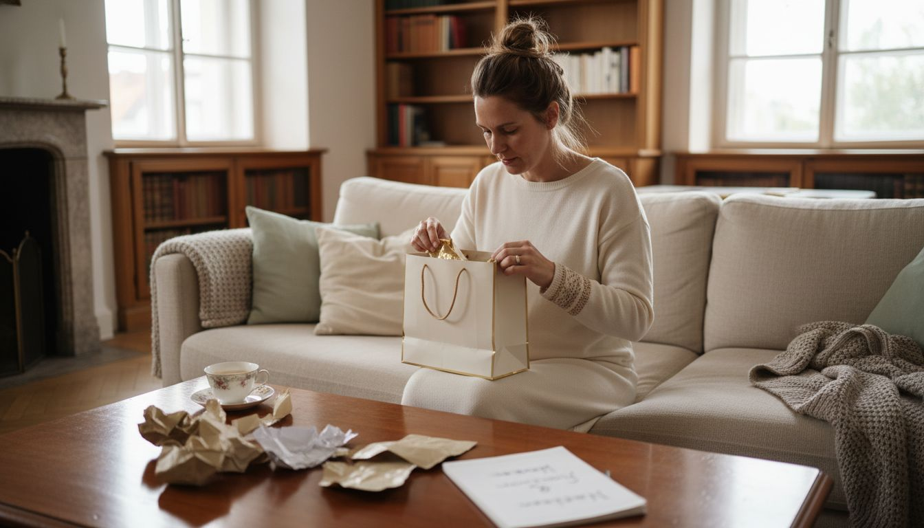 Im Wohnzimmer packt eine Frau ein exklusives Geschenk aus.
