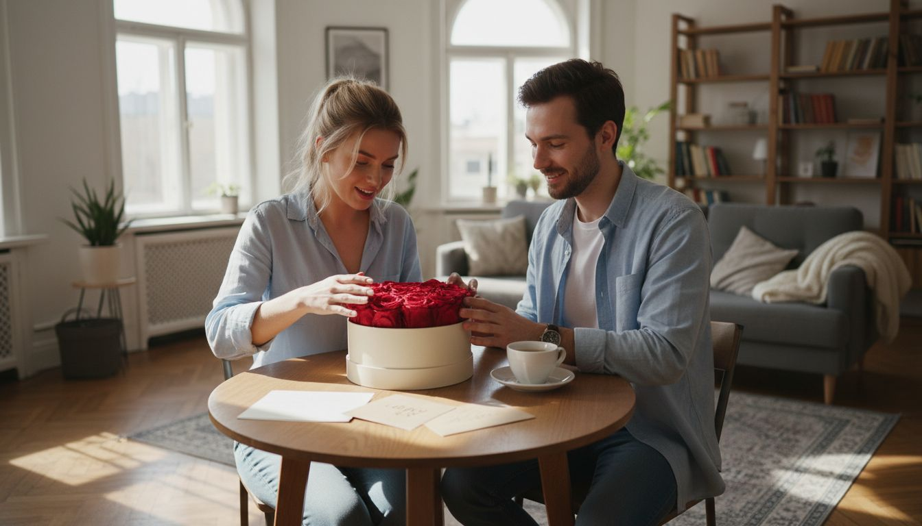 Young couple exchanging romantic gifts at home