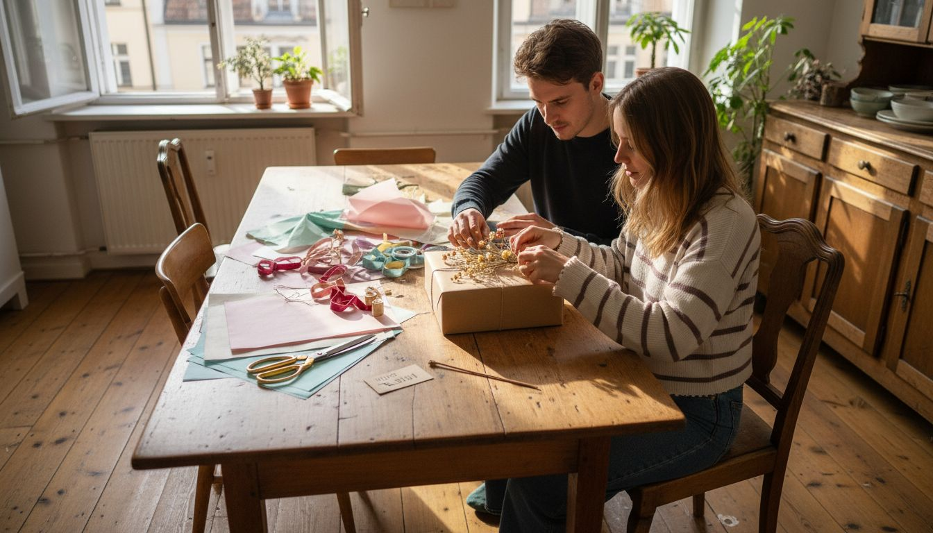 Ein Paar werkelt gemeinsam in der sonnendurchfluteten Küche an einem selbstgemachten Geschenk.