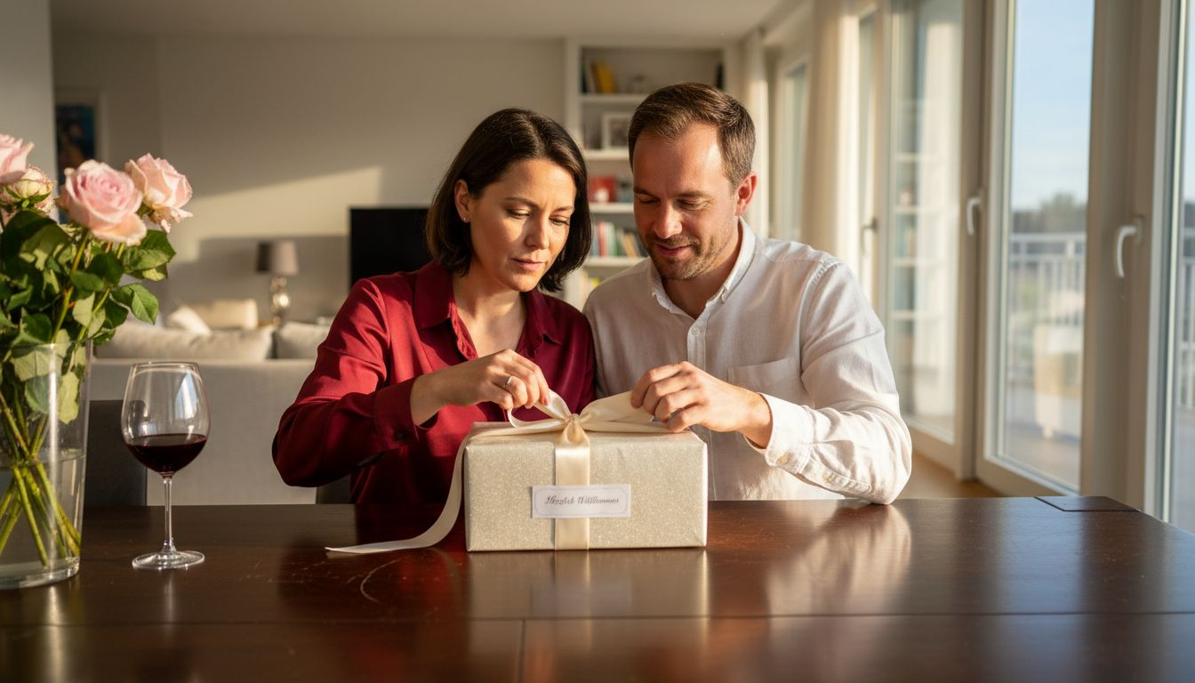 Ein Paar öffnet gemeinsam eine edle Geschenkbox und genießt den besonderen Moment.