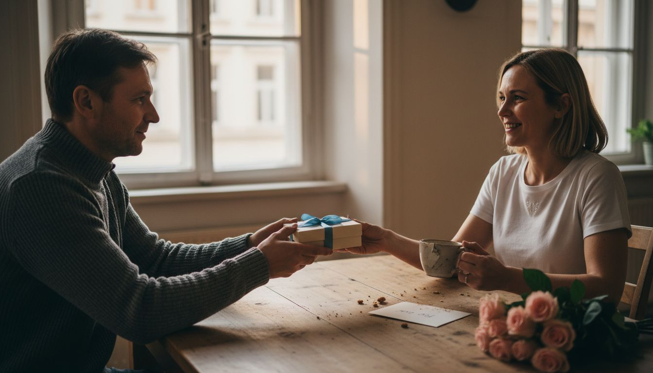 Ein Mann überrascht seine Partnerin am Esstisch mit einem Valentinstagsgeschenk.