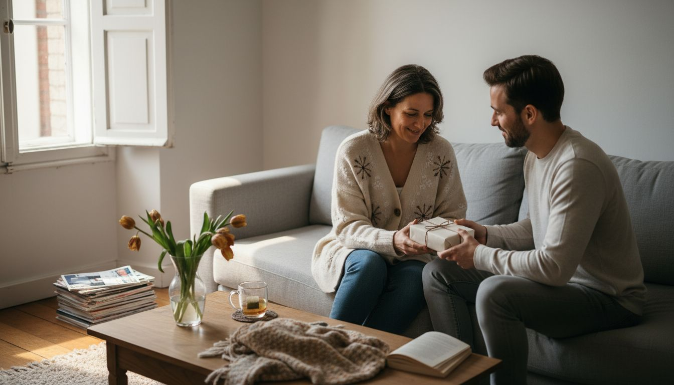Eine Frau wird auf dem Sofa mit einem romantischen Geschenk überrascht.