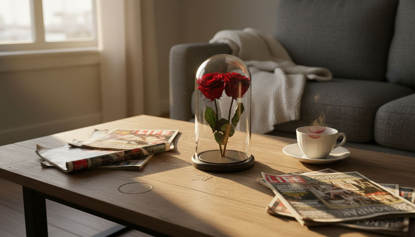 Eternal roses on sunlit coffee table