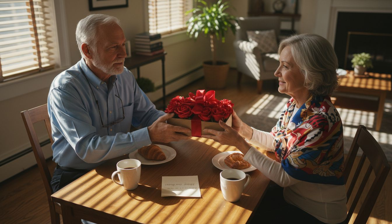 Couple gifting artificial roses at breakfast