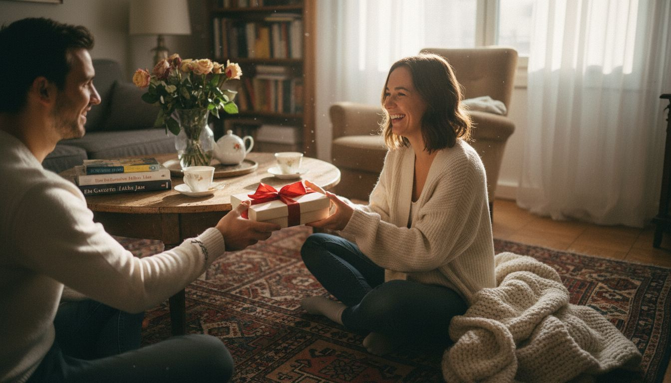 Ein Paar tauscht in gemütlicher Wohnzimmeratmosphäre liebevoll Geschenke aus.