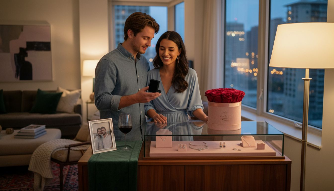 Couple admiring romantic luxury gift display