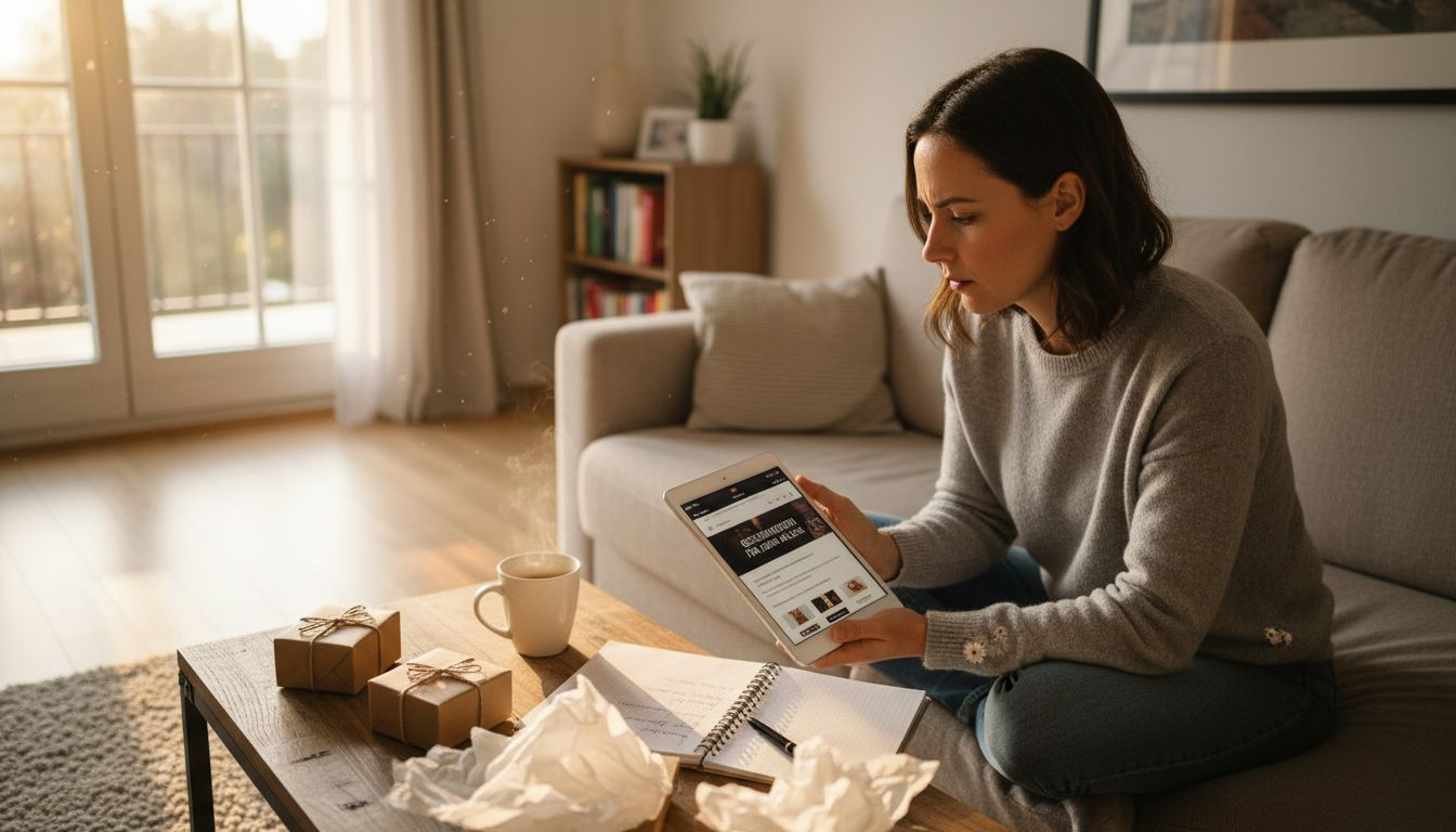 In einem gemütlich eingerichteten Wohnzimmer überlegt eine Frau, welche Geschenke sie aussuchen soll.