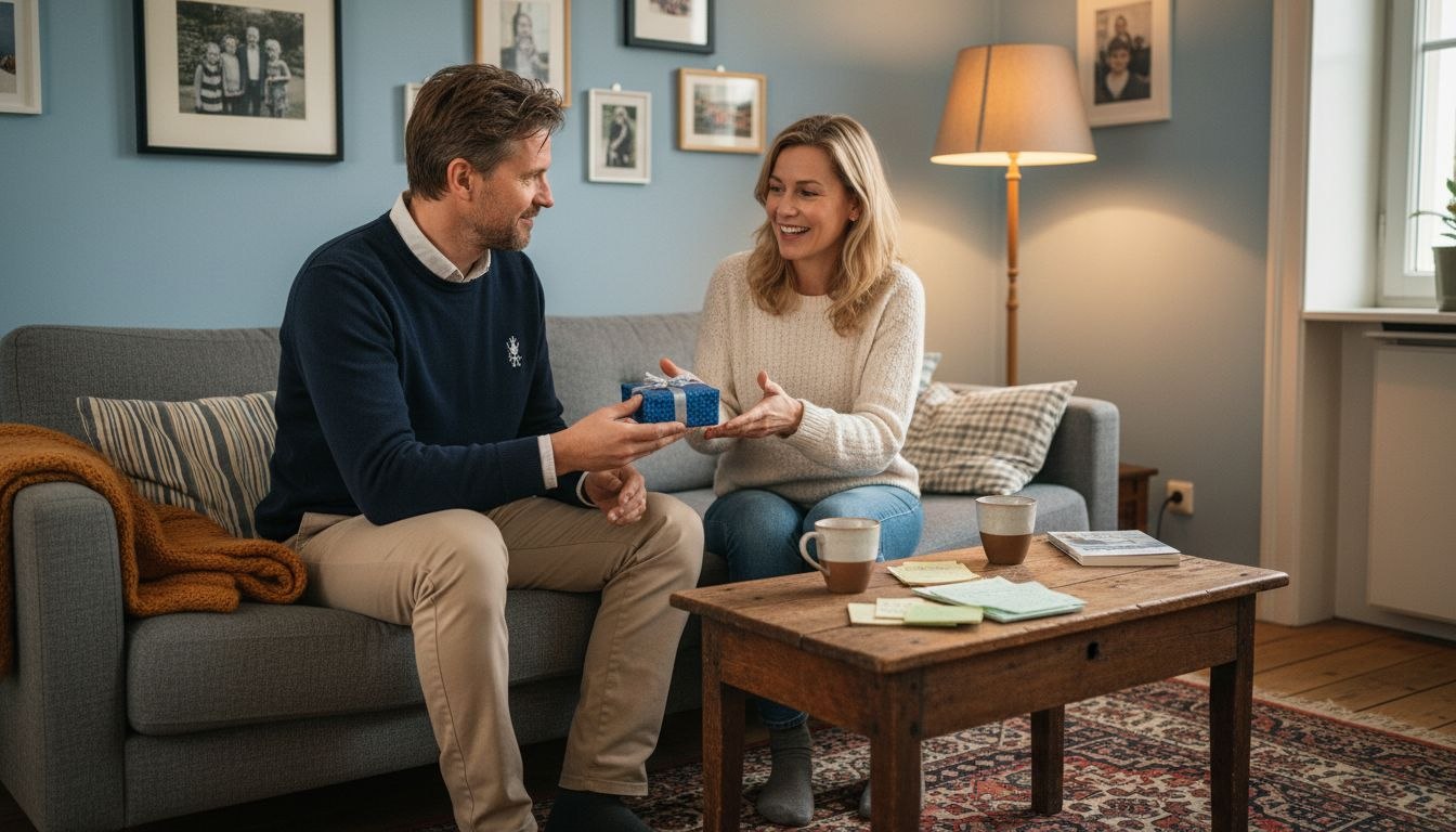 Im Wohnzimmer überreicht ein Mann seiner Frau ein Geschenk.