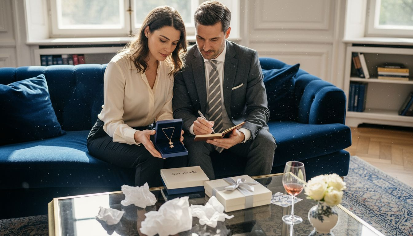 Ein Paar stöbert gemeinsam durch exklusive Geschenkideen und überlegt, welches Präsent am besten passt.