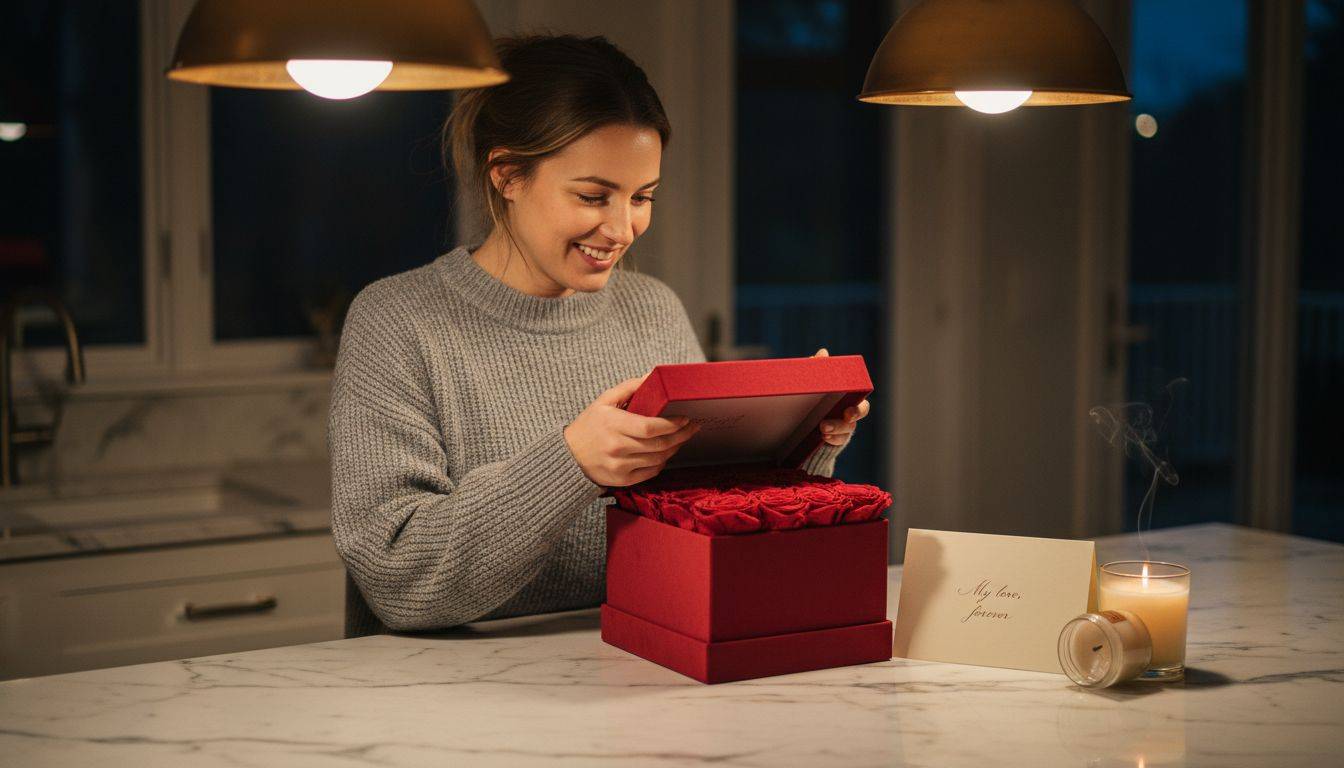 Woman opening luxury velvet eternal rose box