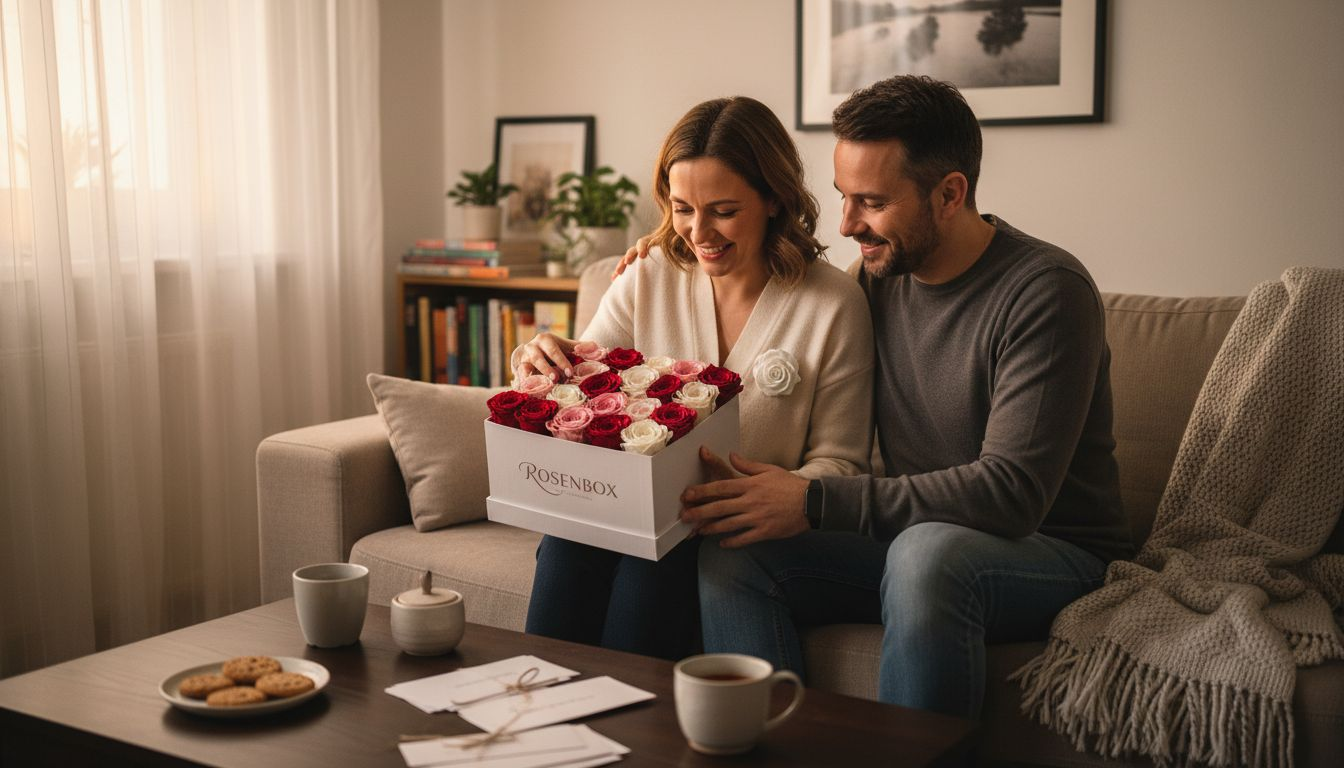 Ein Paar öffnet gemeinsam eine Rosenbox im gemütlichen Wohnzimmer und genießt den besonderen Moment.