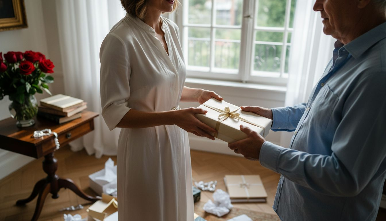Eine Frau überreicht einem Mann ein stilvolles Geschenk.