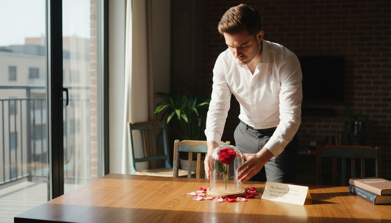 Man arranging eternal rose for surprise table