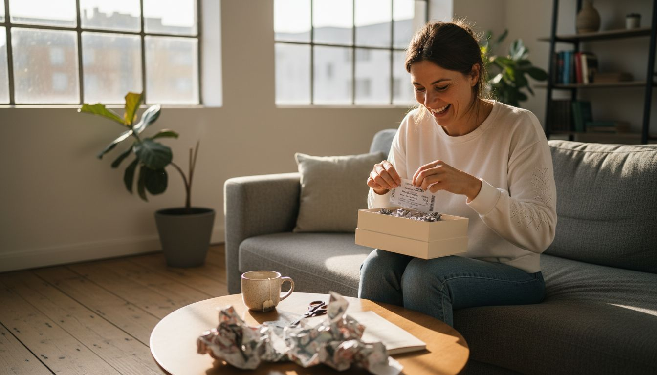 Im Wohnzimmer packt eine Frau gespannt ein Geschenk aus.