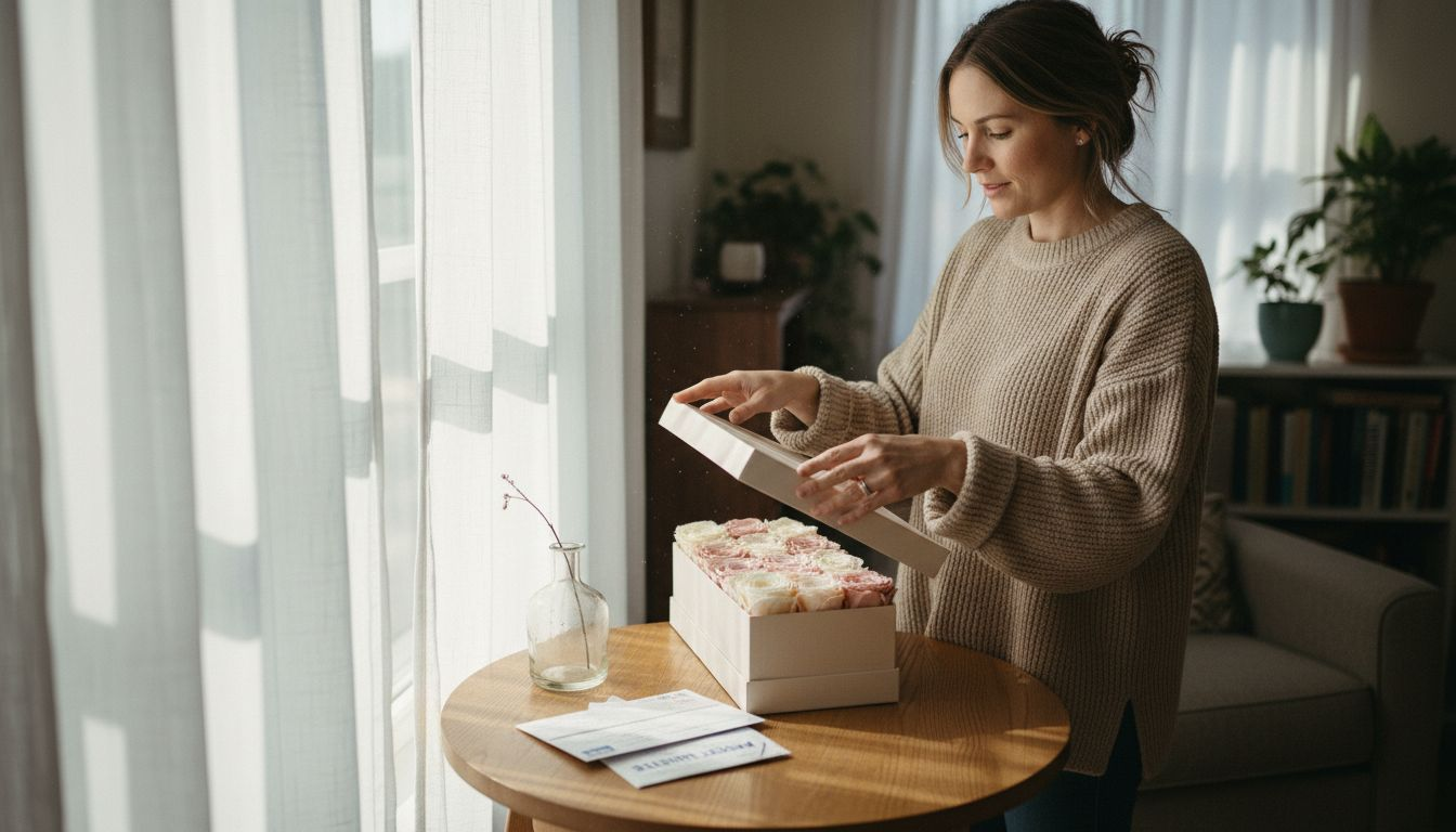 Woman opening preserved rose gift box