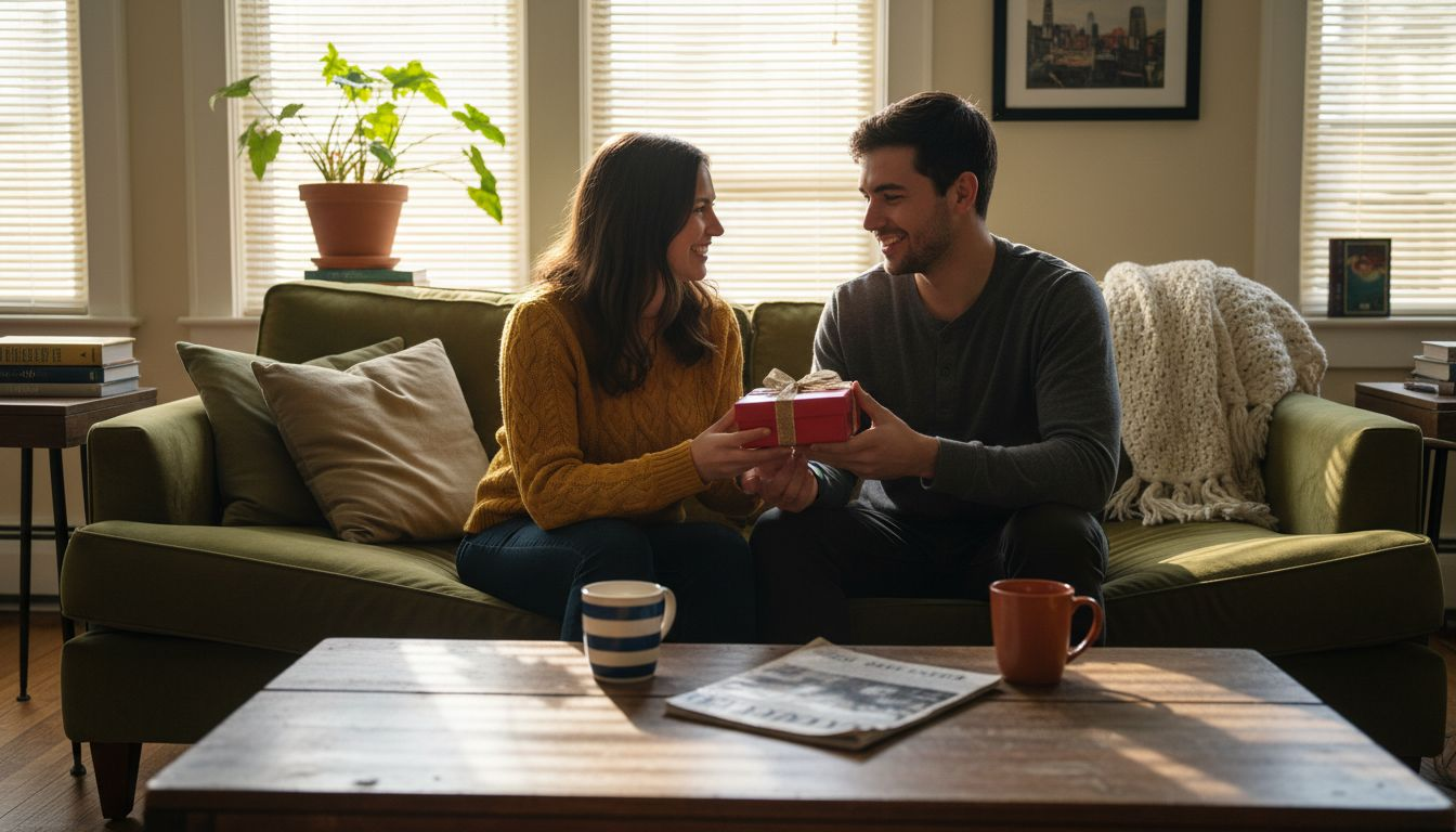 Couple exchanging gifts on a cozy living room sofa