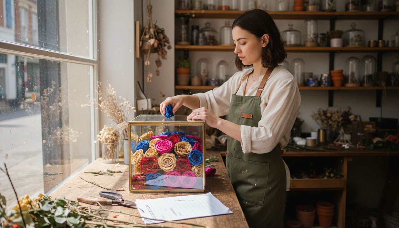 Florist arranging eternal rose bouquet display
