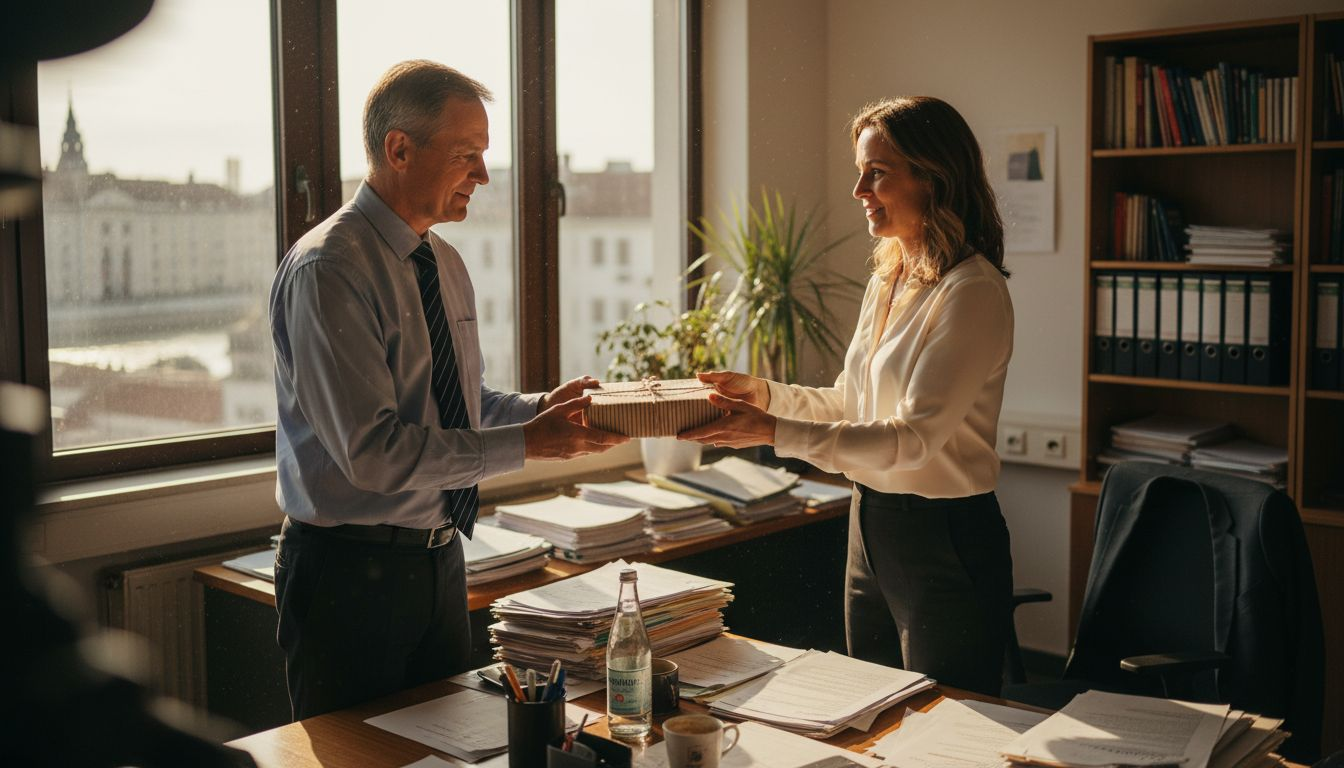 Im Chefbüro überreicht der Manager ein Geschenk.