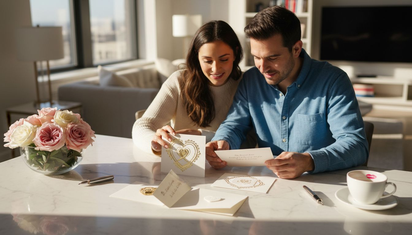 Couple admiring luxury love cards at kitchen island