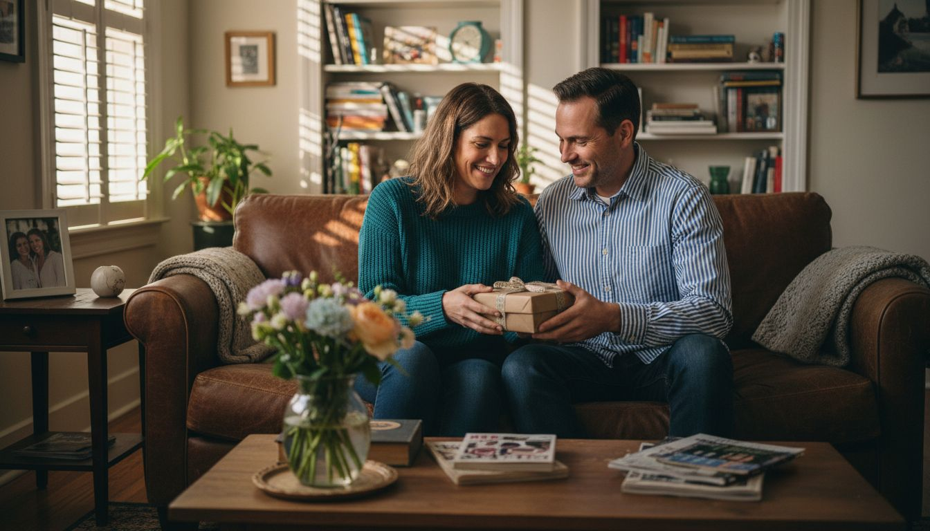 Couple exchanging anniversary gifts at home