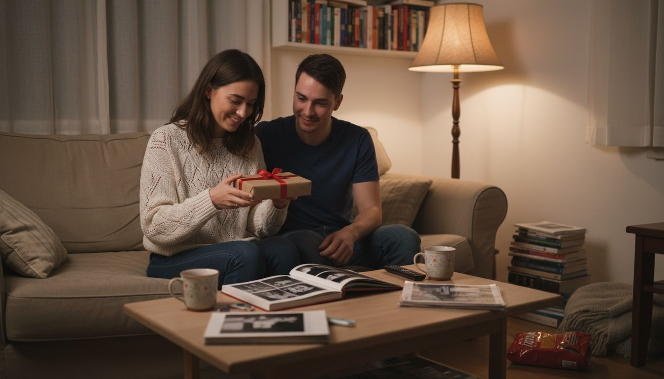Ein verliebtes Paar packt gemeinsam ein besonderes Geschenk aus.