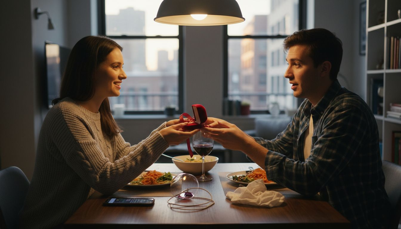 Couple exchanging romantic gift at kitchen table
