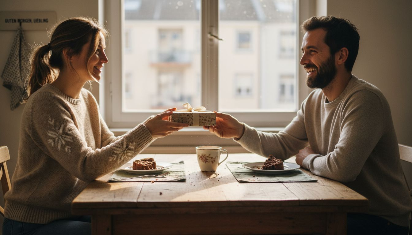Ein Paar sitzt am Küchentisch und überrascht sich gegenseitig mit kleinen Geschenken.