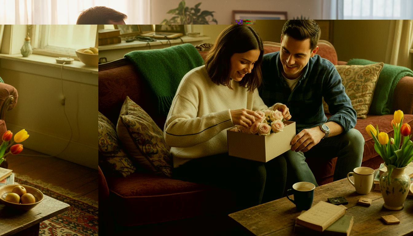 Ein Paar überrascht sich gegenseitig mit einem liebevoll ausgewählten Geschenk und zeigt so seine Zuneigung.