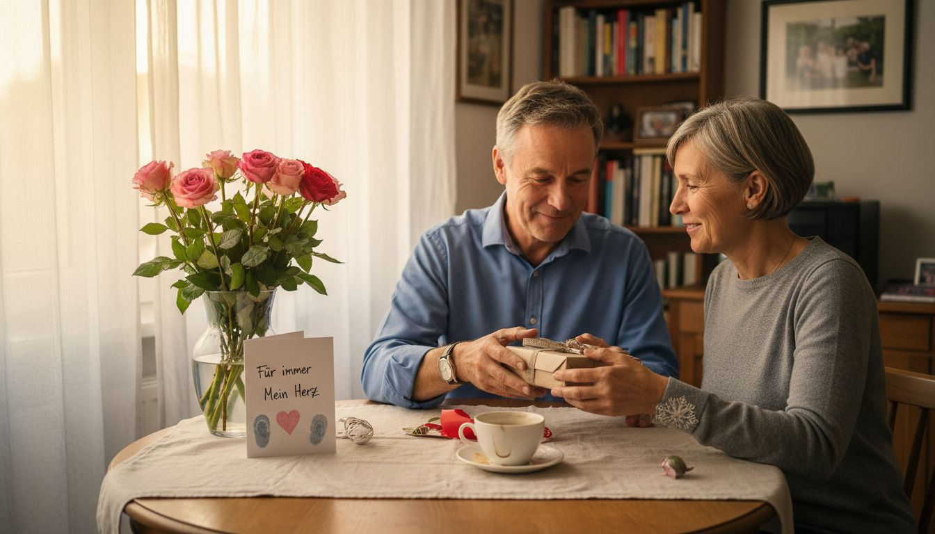 Ein Paar feiert seinen Hochzeitstag und überrascht sich zu Hause gegenseitig mit kleinen Geschenken.