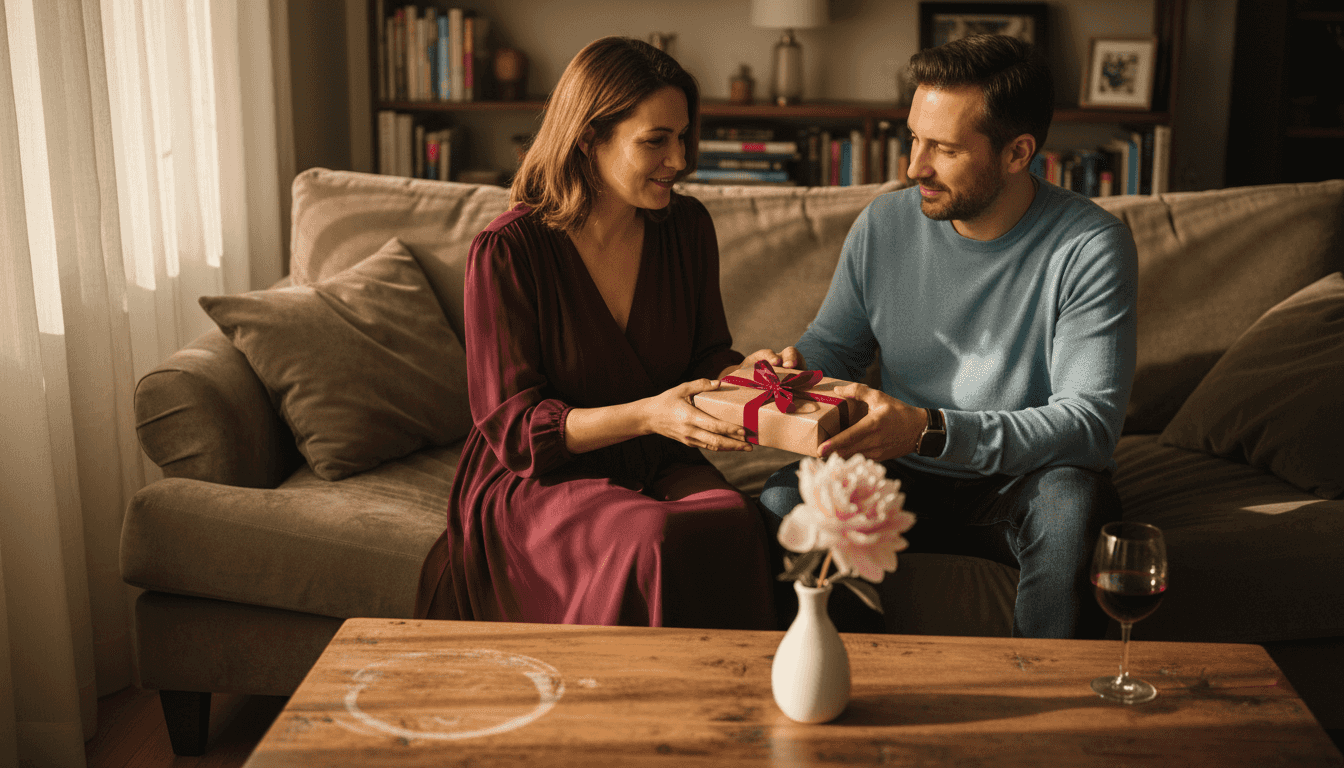 Romantic couple exchanging elegant wrapped gift