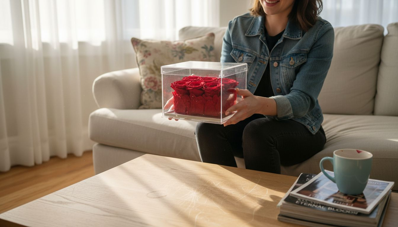 Woman presenting preserved rose arrangement