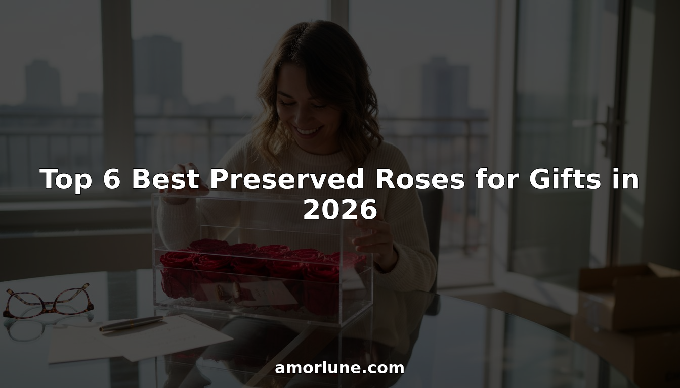 Woman opening luxury preserved rose gift box at table