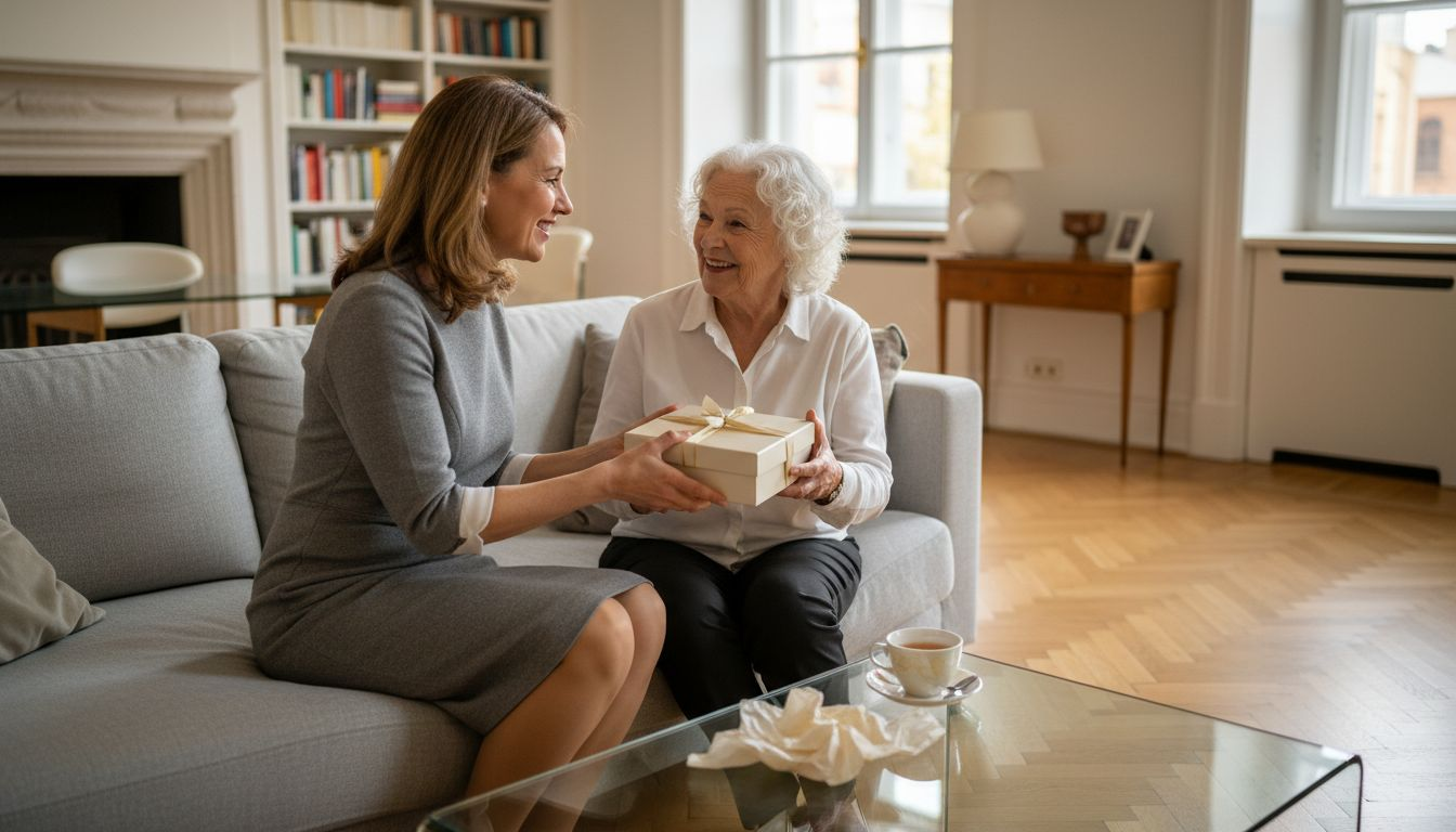 Ein exklusives Geschenk wird in einem elegant eingerichteten Wohnzimmer feierlich überreicht.