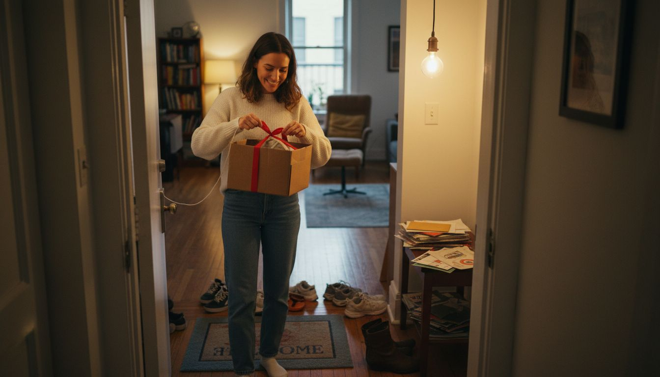 Woman receiving romantic fast-shipped gift at home
