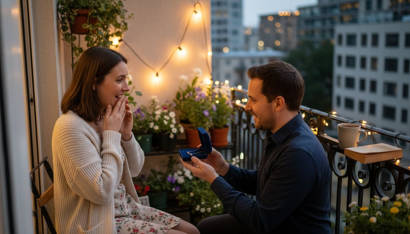 Couple exchanging meaningful jewelry gift