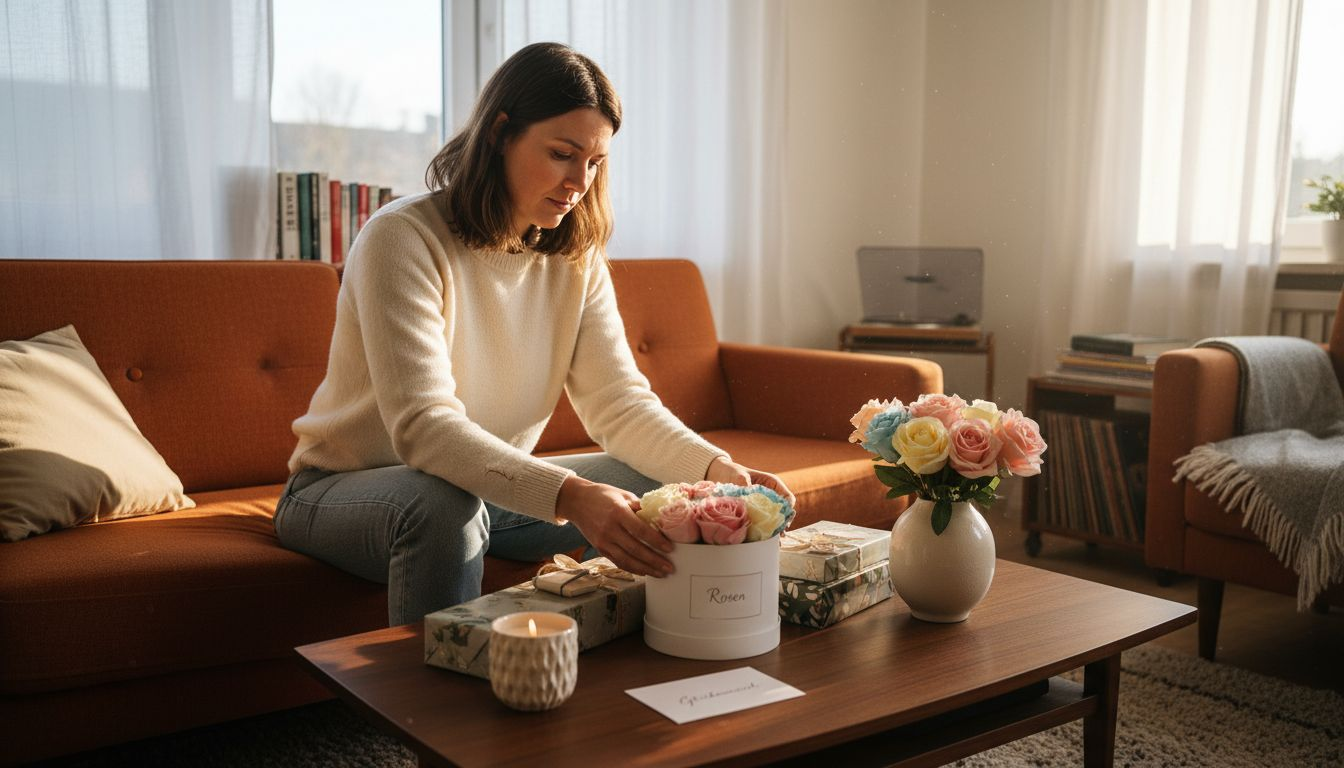 Eine Frau arrangiert liebevoll kreative Geschenke im Wohnzimmer.