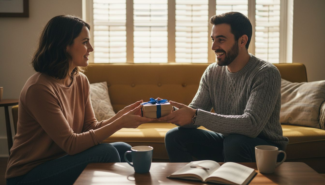 Couple exchanging a heartfelt gift at home