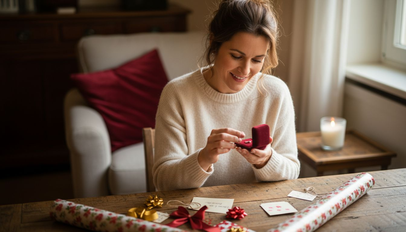 Eine Frau packt im Wohnzimmer ein Schmuckgeschenk aus.