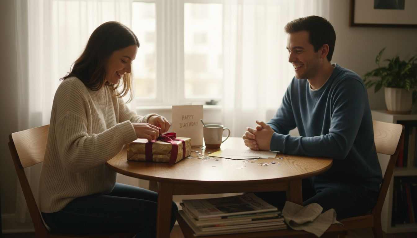 Couple exchanging romantically wrapped gift