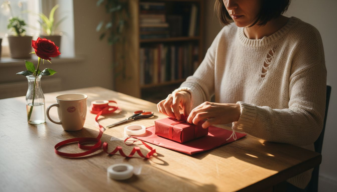 Woman wrapping romantic gift at kitchen table
