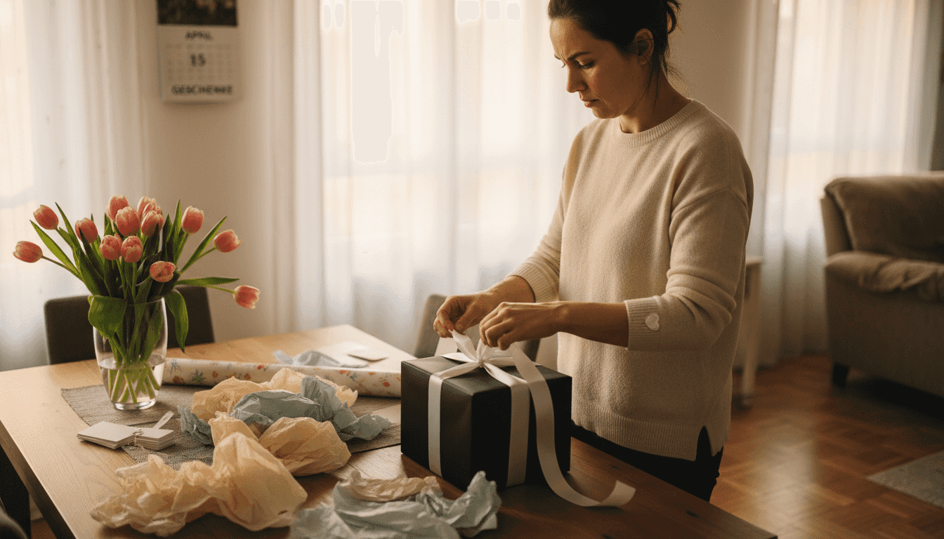 Im warmen Sonnenlicht verpackt eine Frau ein edles Geschenk mit viel Liebe zum Detail.
